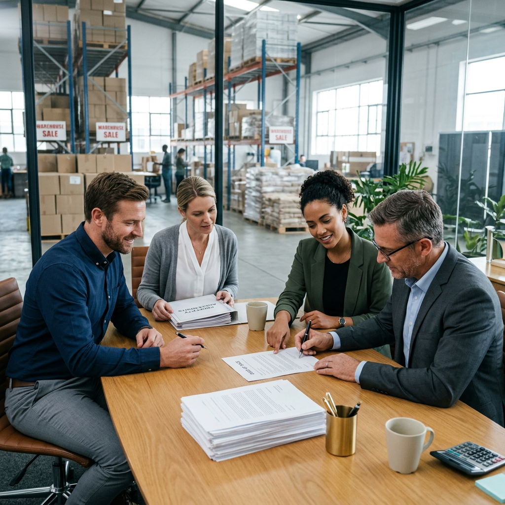 Four professionals sitting around a table reviewing and signing a contract in a modern office inside a warehouse.
